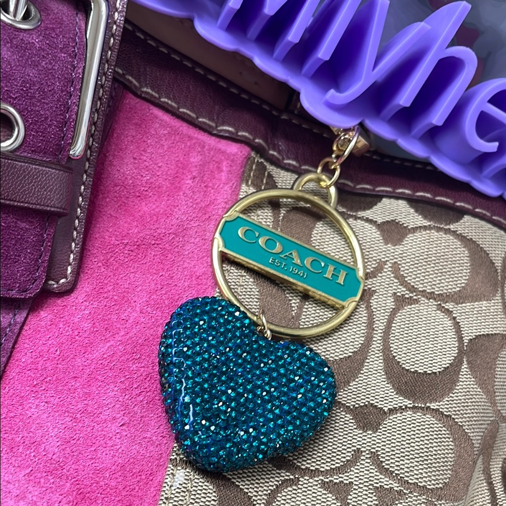 Authentic Coach Gold & Teal Medallion with unbranded Crystal Heart Charm - Picture 3 of 8